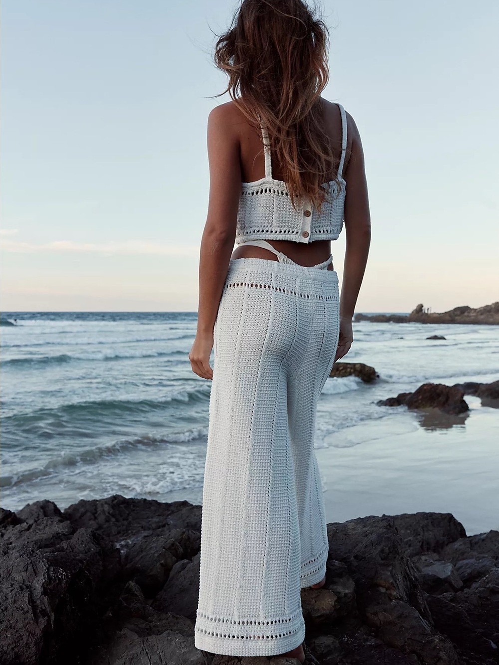 Free People FP Beach Stanza Fauxchet Crochet Wide Leg Pants White Mediun - Picture 3 of 13